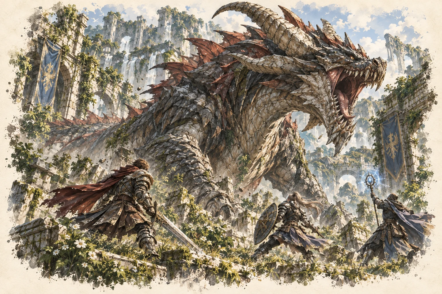 A colossal horned beast towers over a party of human adventurers.